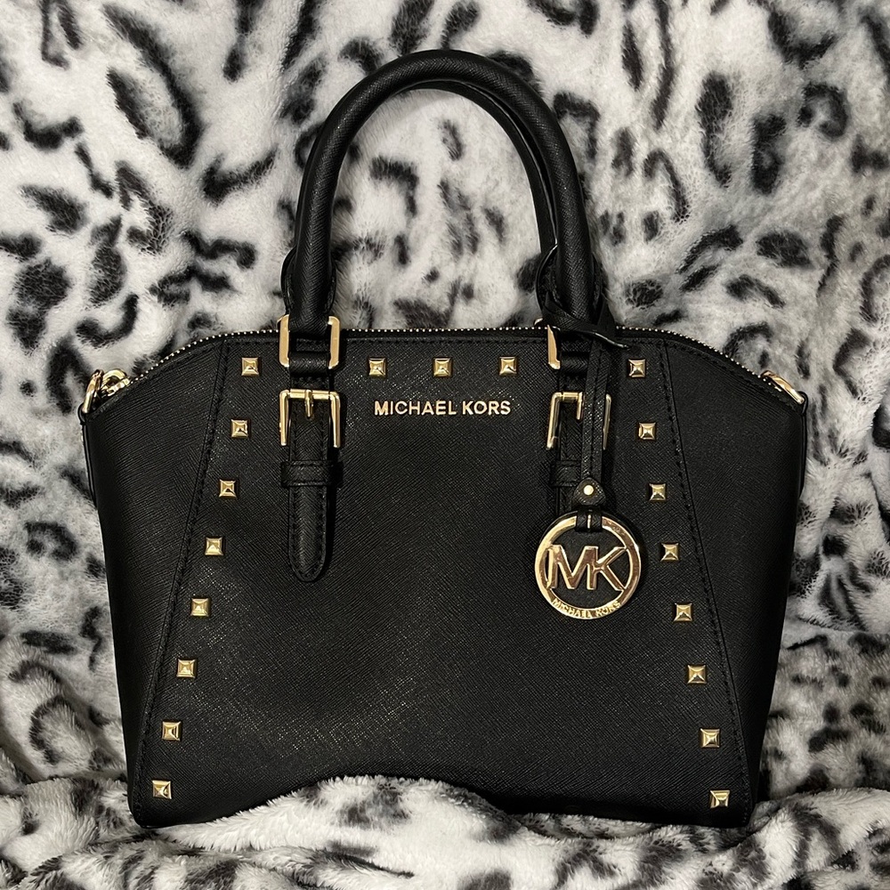 Michael Kors Black Satchel with Gold Studs, Gold MK charm, and Crossbody Strap